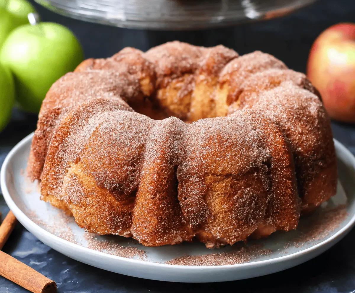 Delicious Apple Cider Donut Bundt Cake topped with glaze and cinnamon, served on a rustic plate for a cozy fall dessert.