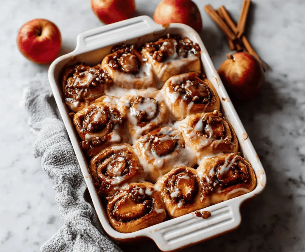 Delicious homemade apple cinnamon rolls topped with icing, featuring warm apple filling and fragrant cinnamon inside soft, golden-brown pastry
