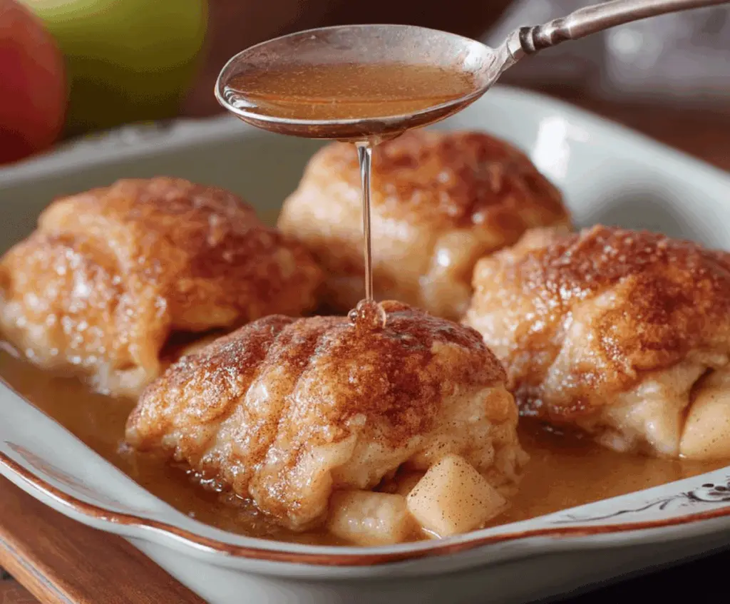 Delicious homemade apple dumplings with golden crust and cinnamon sugar topping on a rustic plate, perfect for dessert or fall treats