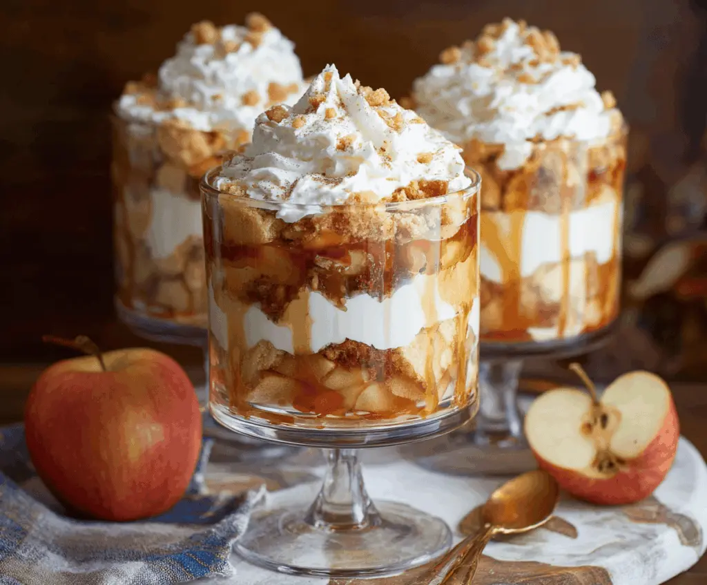 Delicious layered apple pie trifle with whipped cream, cinnamon-spiced apples, and crushed graham crackers in a clear glass bowl