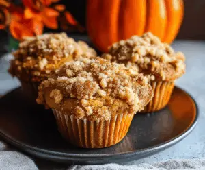Delicious apple pumpkin streusel muffins with golden tops and crunchy streusel topping on a plate, perfect for fall baking.