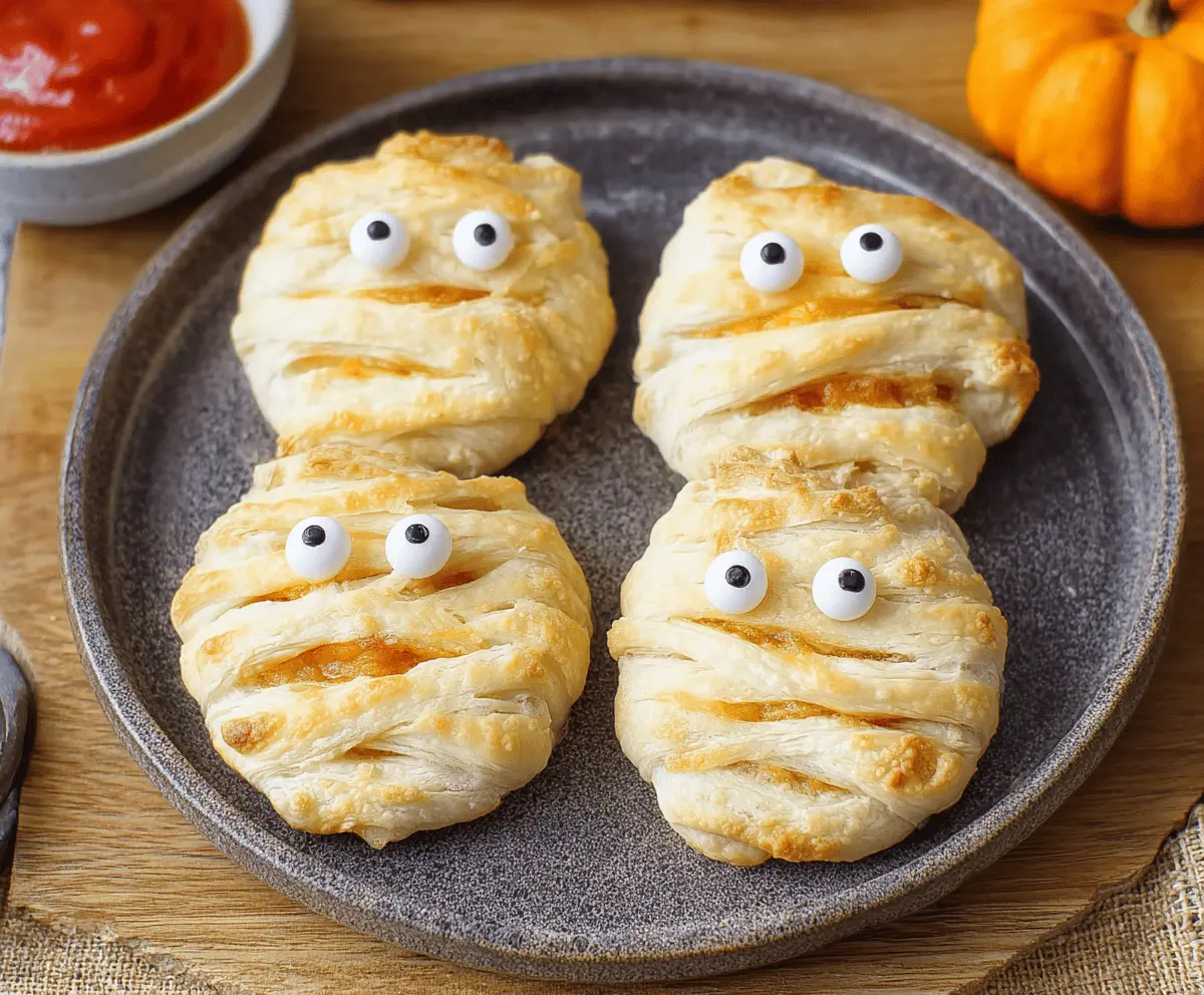 Baked Cheese Mummies appetizer with melted cheese and pretzel bandages on a plate, perfect for Halloween parties