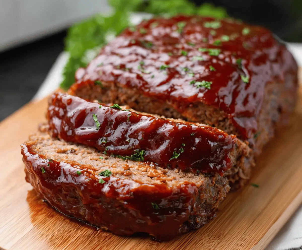 Juicy BBQ glazed meatloaf topped with smoky barbecue sauce and garnished with fresh herbs on a serving plate