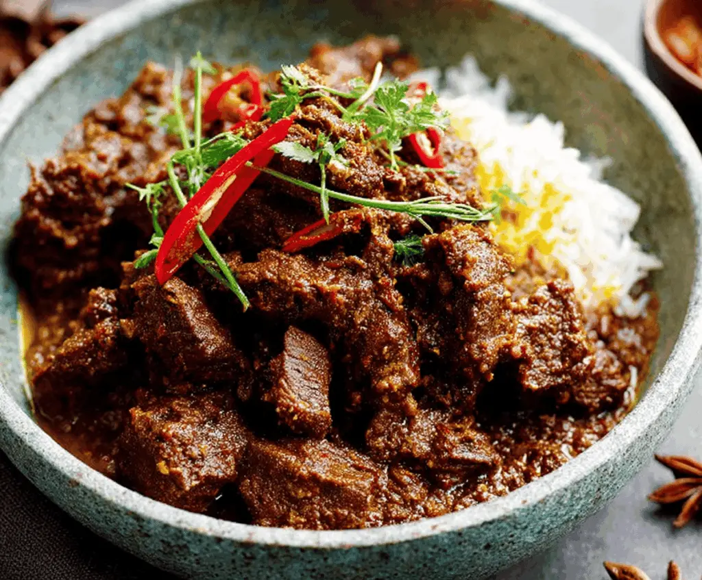 Delicious beef rendang with rich, flavorful spices and tender beef served in a traditional Indonesian dish
