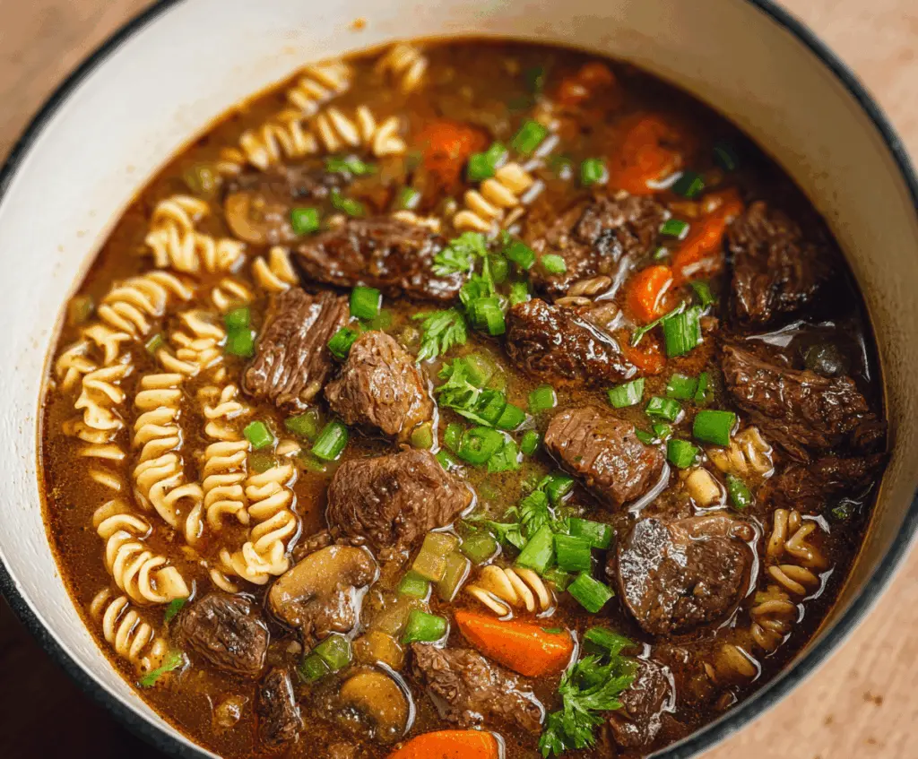 Hearty beef stew with tender beef chunks, vegetables, and noodles in a flavorful broth served in a rustic bowl.