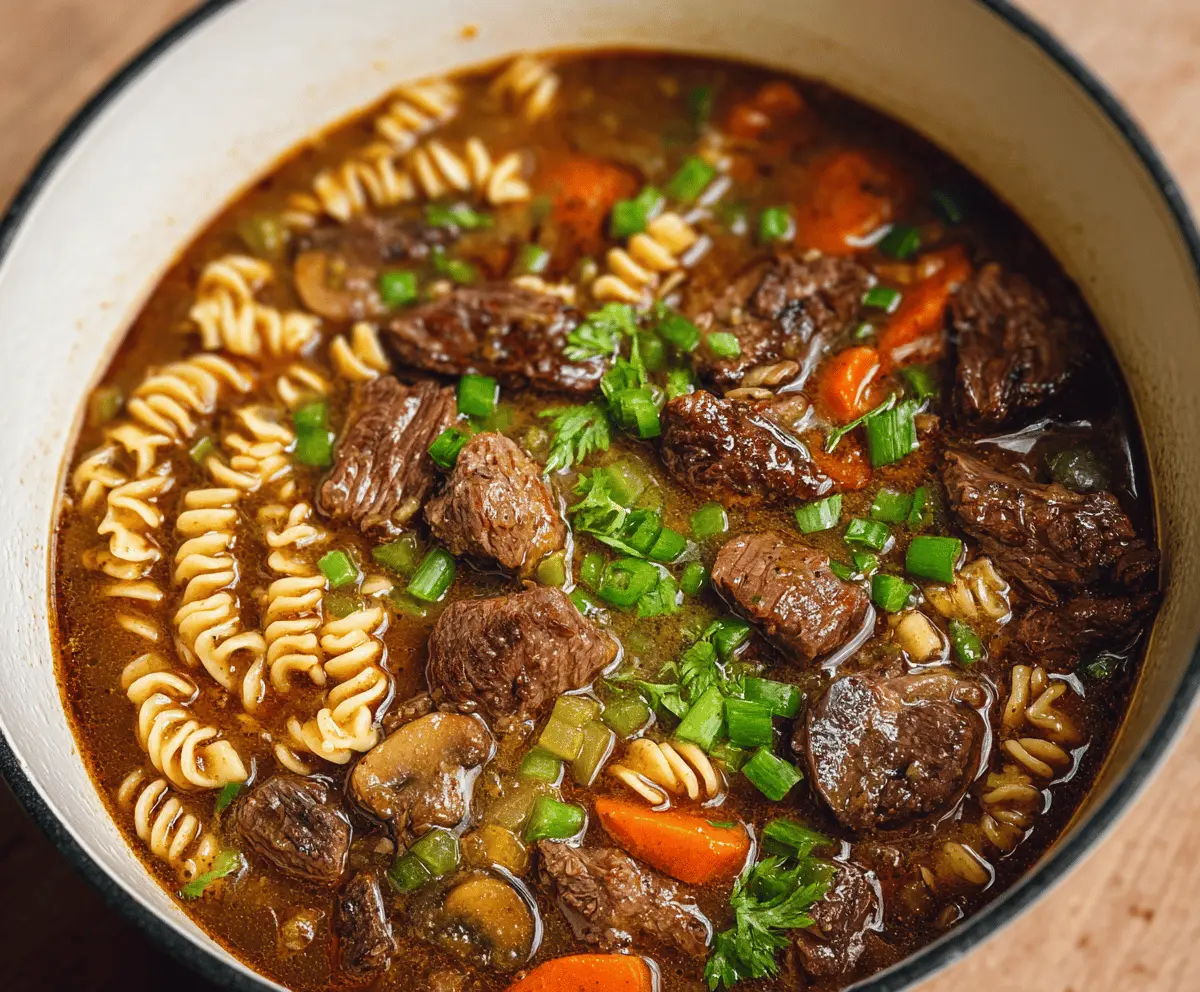Hearty beef stew with tender beef chunks, vegetables, and noodles in a flavorful broth served in a rustic bowl.