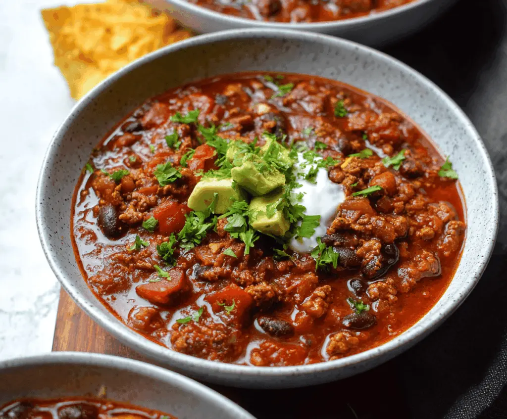 Savory bowl of spicy bison chili topped with shredded cheese and fresh cilantro, served in a rustic bowl with tortilla chips on the side.