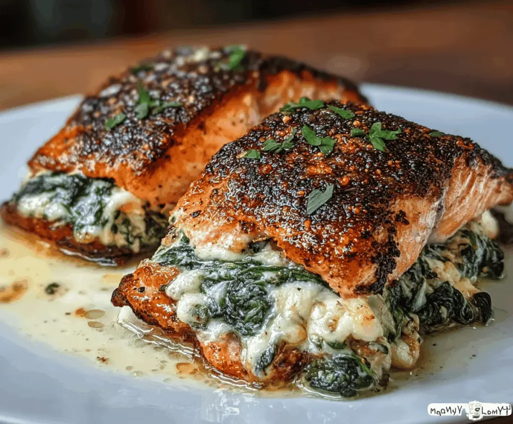 Delicious blackened salmon fillet stuffed with fresh spinach and Parmesan cheese, served as a flavorful seafood main course