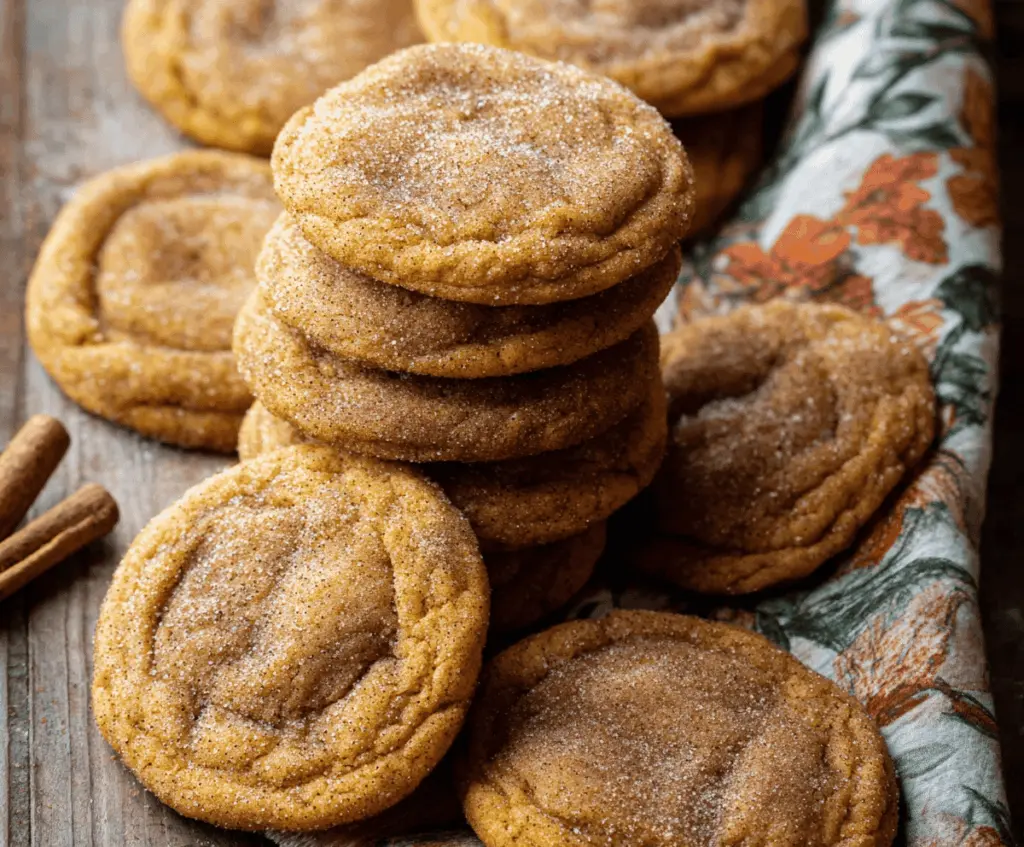 Delicious homemade Brown Butter Pumpkin Snickerdoodle Cookies topped with cinnamon sugar on a rustic plate