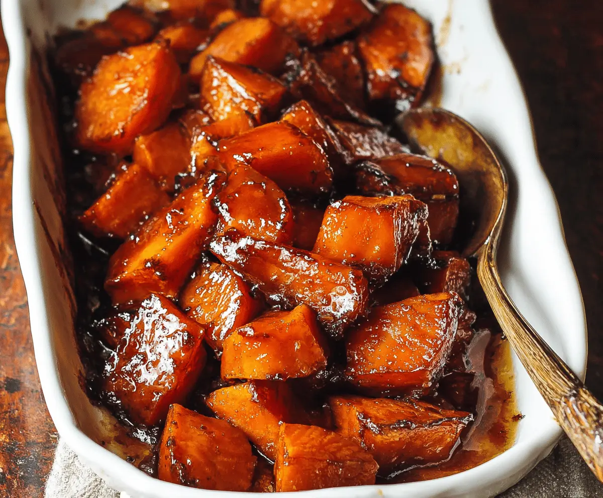 Sweet and caramelized brown sugar candied yams served as a delicious side dish with a glossy, golden-brown finish