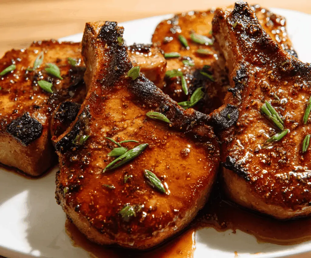 Juicy brown sugar glazed pork chops served on a plate with herbs