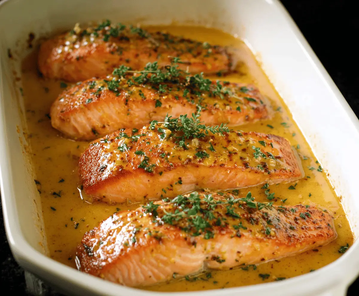 Delicious baked salmon glazed with butter, honey, and mustard served on a plate with lemon wedges and fresh herbs