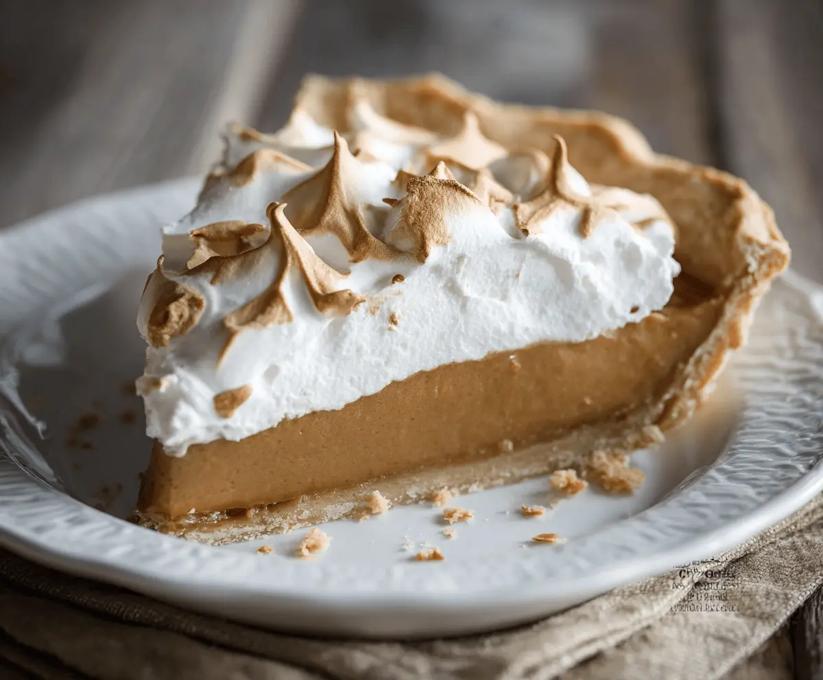Creamy butterscotch pie topped with whipped cream and caramel sauce on a rustic plate