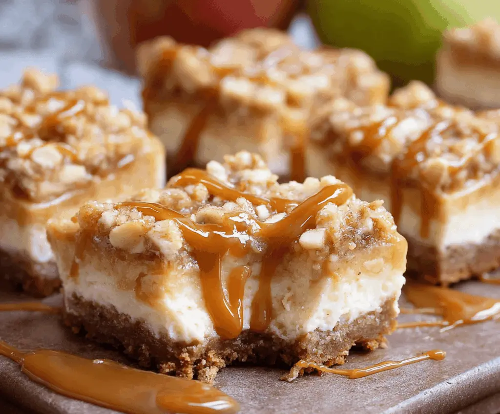 Delicious caramel apple cheesecake bars with a golden crust and creamy filling topped with caramel sauce and apple slices.