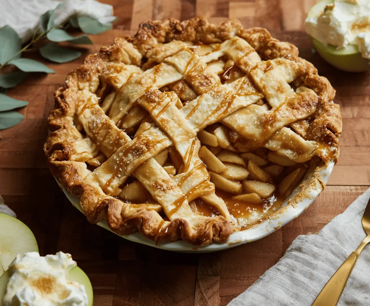 Delicious caramel apple pie topped with caramel drizzle and golden crust, ready to serve