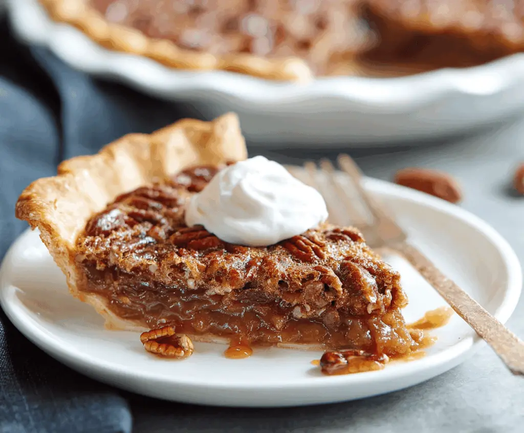 Delicious Caramel Pecan Pie topped with crunchy pecans and golden caramel glaze