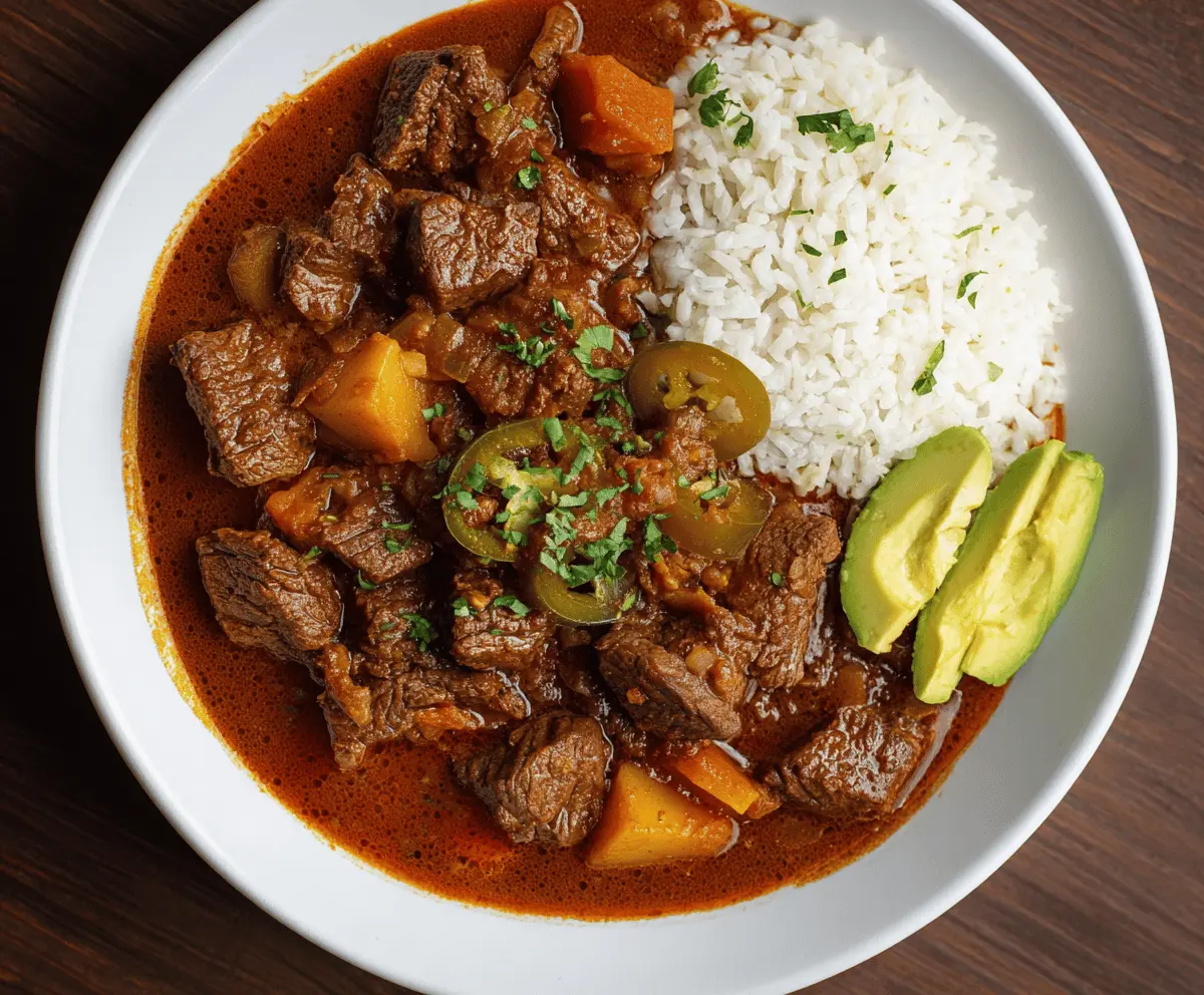 Delicious homemade Carne Guisada featuring tender beef stew with vegetables and savory gravy served in a bowl
