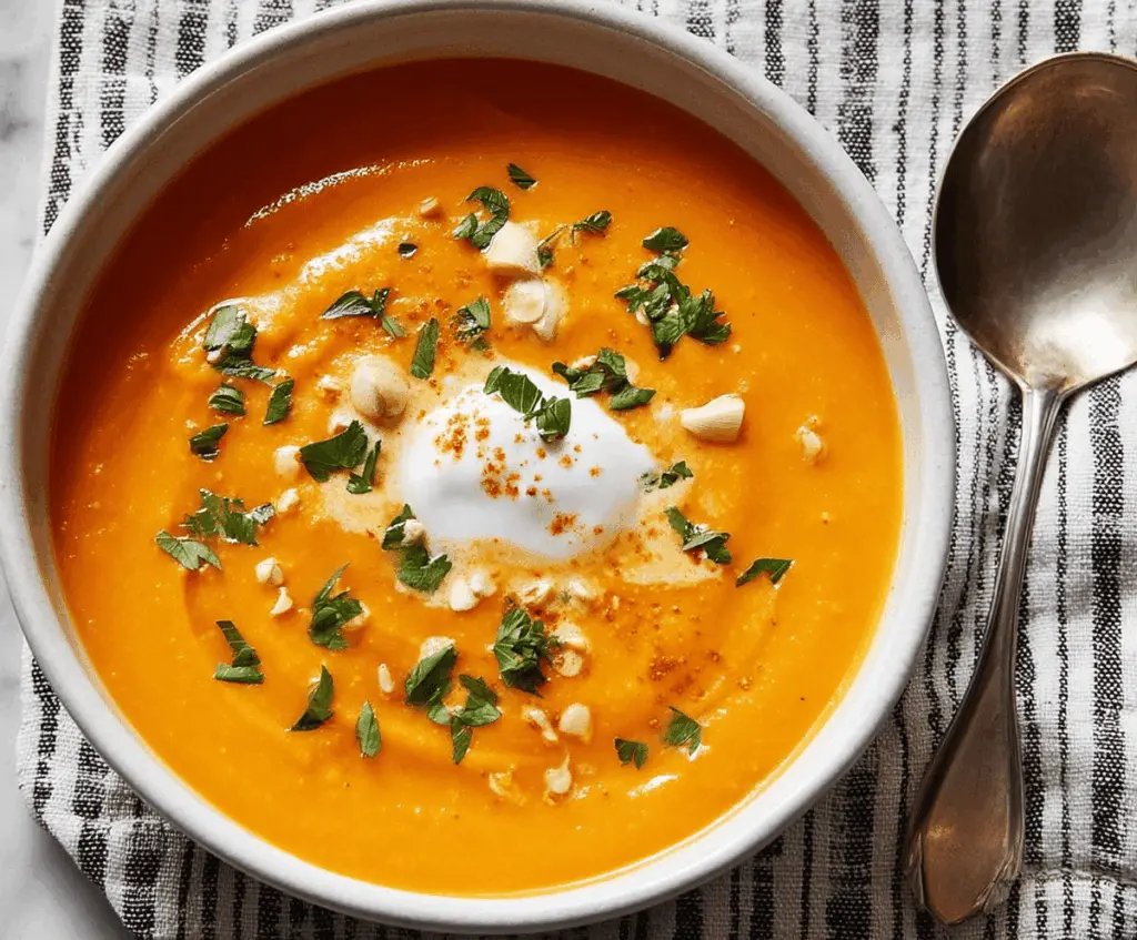 A bowl of vibrant carrot ginger soup garnished with fresh herbs, served with a slice of crusty bread on a rustic wooden table.