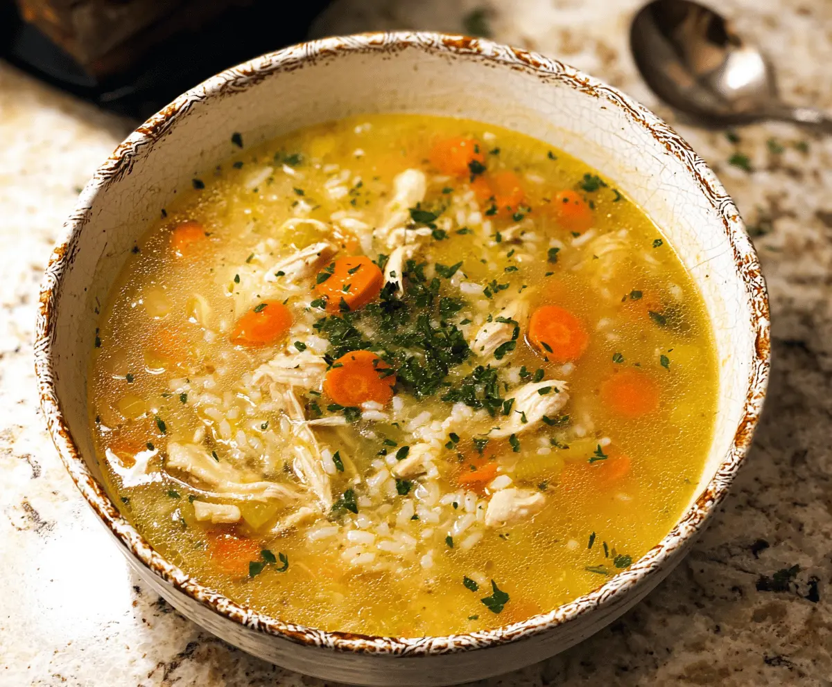 A comforting bowl of chicken and rice soup topped with fresh herbs, showcasing tender chicken pieces, fluffy rice, and colorful vegetables in a clear broth.