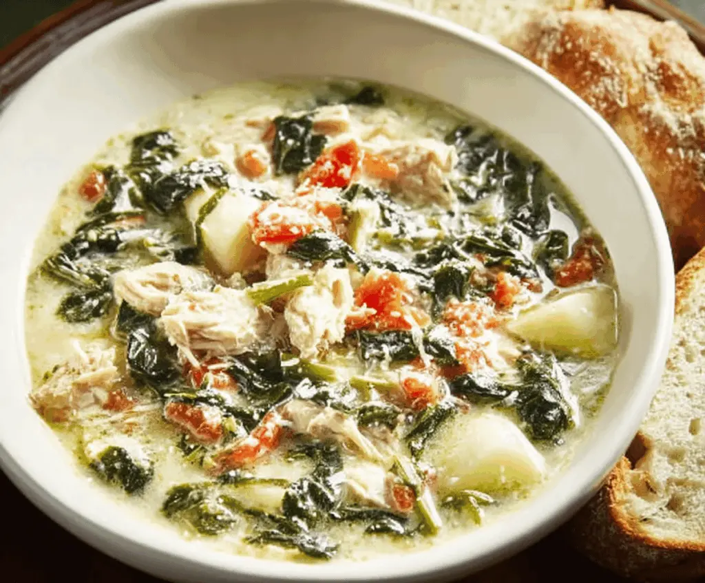 Creamy Chicken Florentine Soup topped with fresh spinach and melted cheese in a white bowl on a rustic wooden table