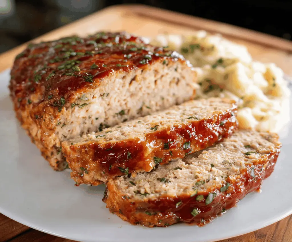 Delicious homemade chicken meatloaf garnished with fresh herbs on a plate.