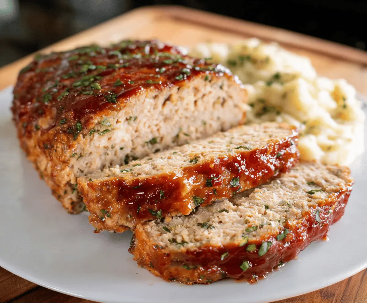 Delicious homemade chicken meatloaf garnished with fresh herbs on a plate.