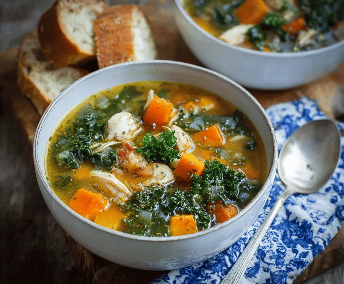 Hearty Chicken, Sweet Potato, and Kale Soup in a bowl with fresh ingredients, perfect for a nutritious meal