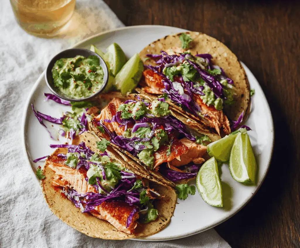 Delicious Chile Lime Salmon Tacos topped with fresh cilantro and lime wedges, served on warm corn tortillas