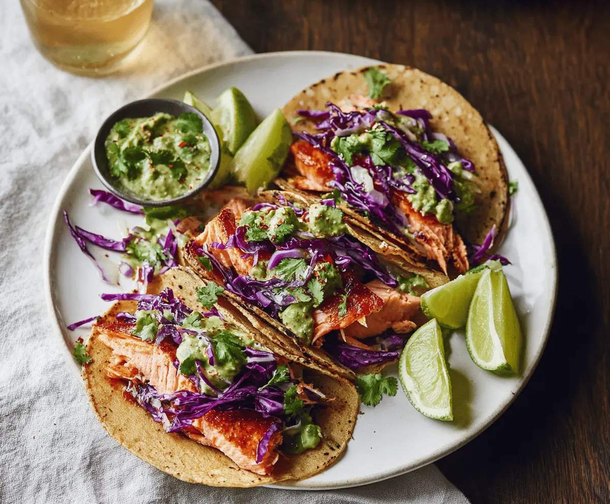 Delicious Chile Lime Salmon Tacos topped with fresh cilantro and lime wedges, served on warm corn tortillas
