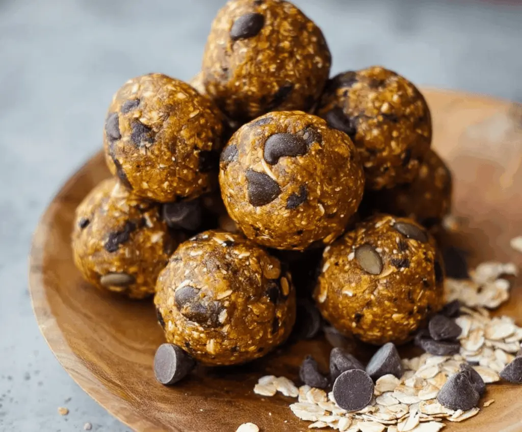 Delicious homemade chocolate chip pumpkin protein balls on a white plate, featuring a moist pumpkin base with chocolate chips, perfect for a healthy snack or energy boost.
