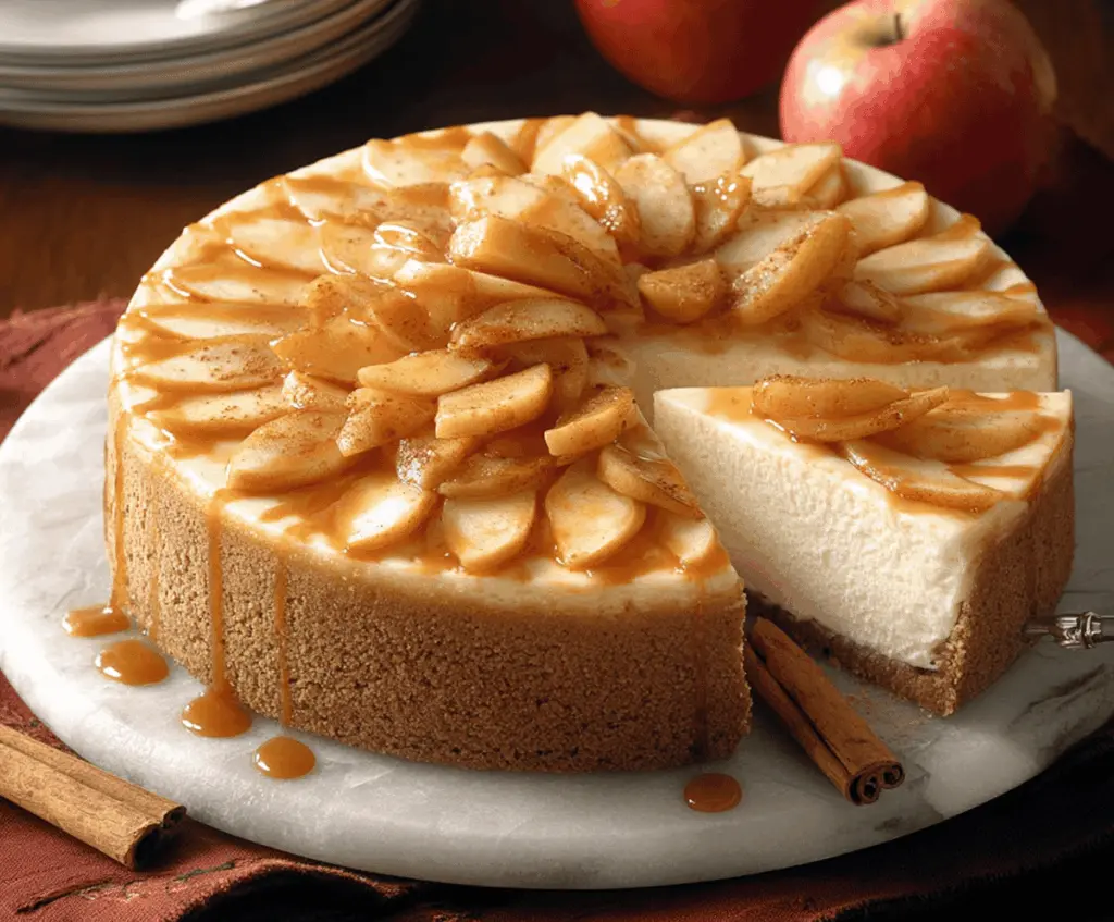 Creamy cinnamon apple cheesecake topped with caramelized apple slices and a cinnamon graham cracker crust, perfect for fall desserts.