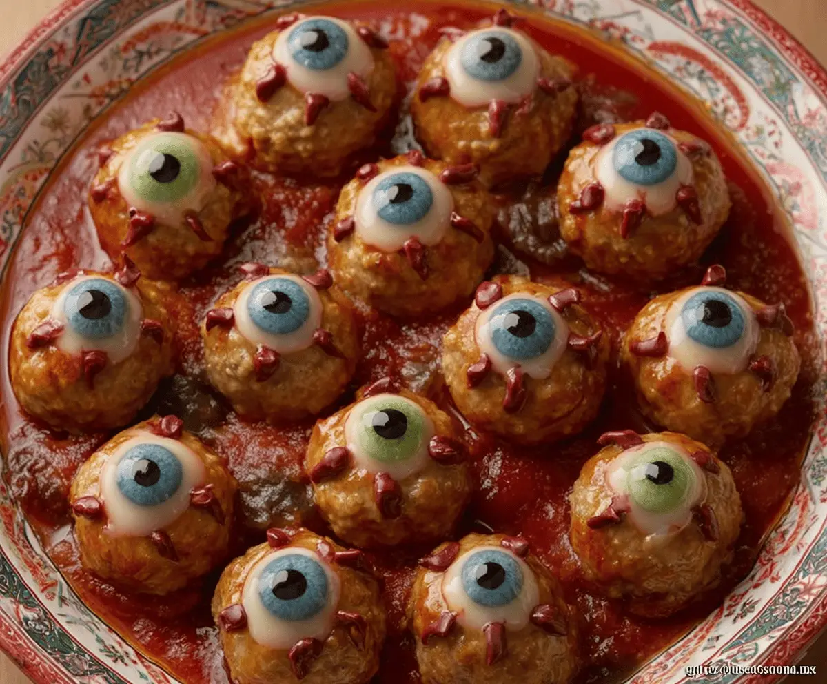 Colorful spooky eyeball meatballs on a platter for Halloween, featuring meatballs with green and red sauces resembling eyeballs, perfect for a Halloween party feast.