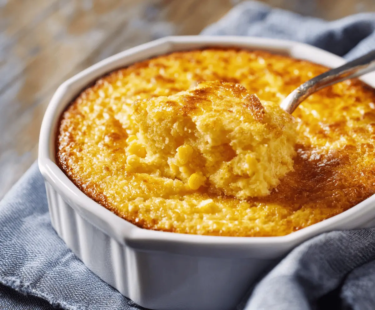 Creamy homemade corn pudding served in a baking dish, garnished with fresh herbs for a delicious side dish