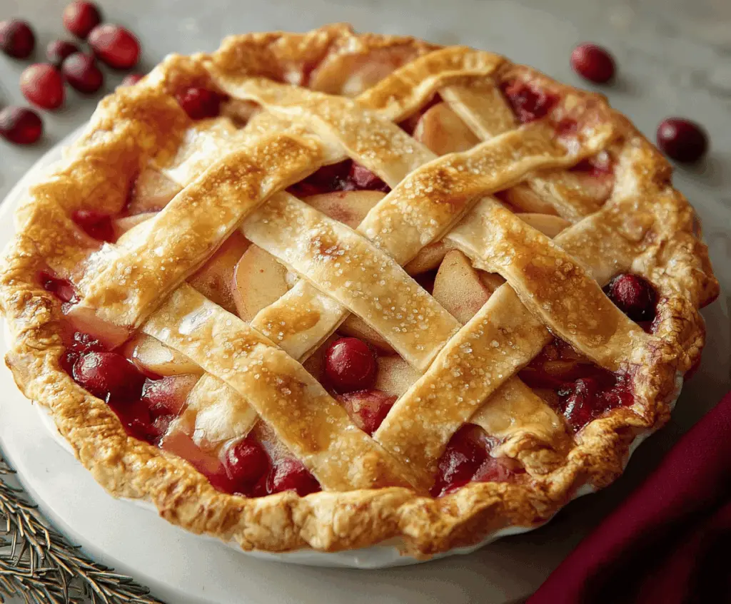 Delicious homemade cranberry apple pie with golden crust, fresh cranberries, and sliced apples ready to serve