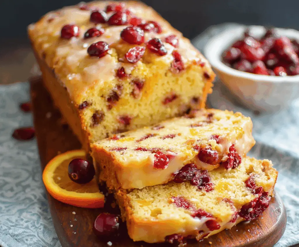 Homemade cranberry orange bread sliced on a wooden cutting board with fresh cranberries and orange zest.