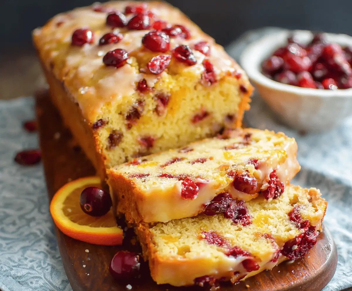 Homemade cranberry orange bread sliced on a wooden cutting board with fresh cranberries and orange zest.