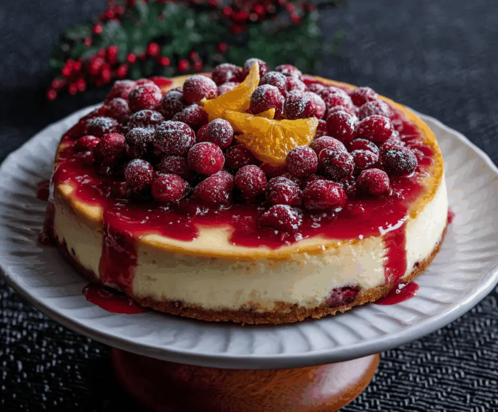 Delicious cranberry orange cheesecake topped with fresh cranberries and orange zest on a decorative plate, perfect for festive occasions.