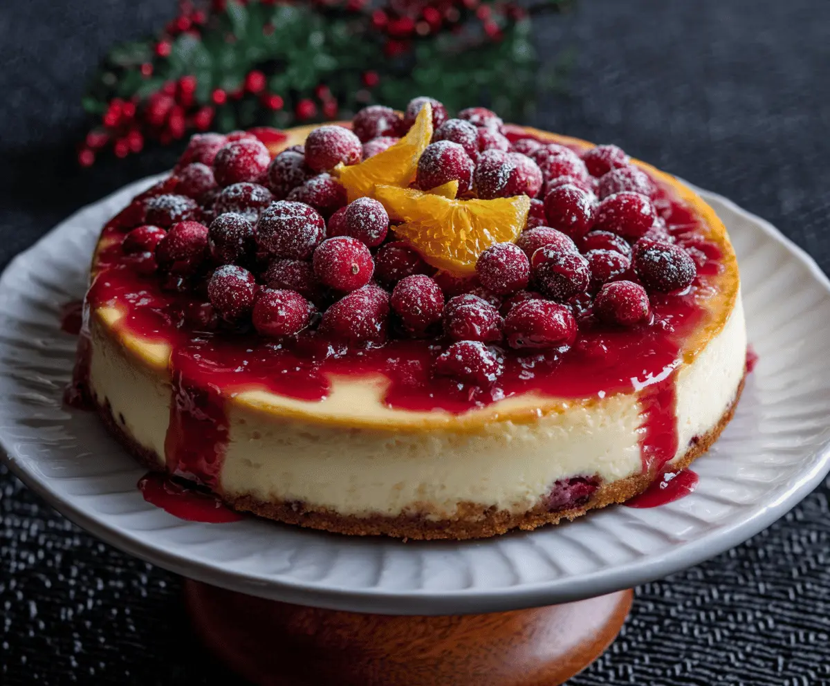 Delicious cranberry orange cheesecake topped with fresh cranberries and orange zest on a decorative plate, perfect for festive occasions.