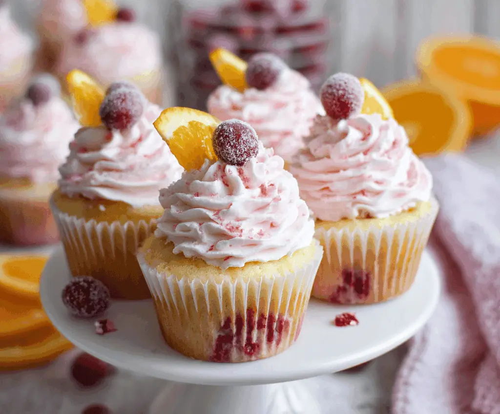 Delicious homemade cranberry orange cupcakes topped with fresh cranberries and orange zest, perfect for festive occasions.