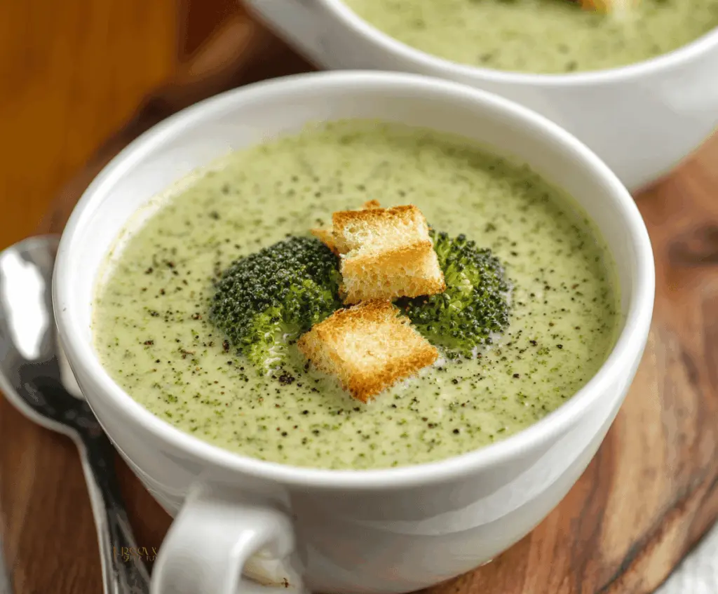 A bowl of creamy broccoli soup garnished with fresh herbs, served with bread on a rustic wooden table.