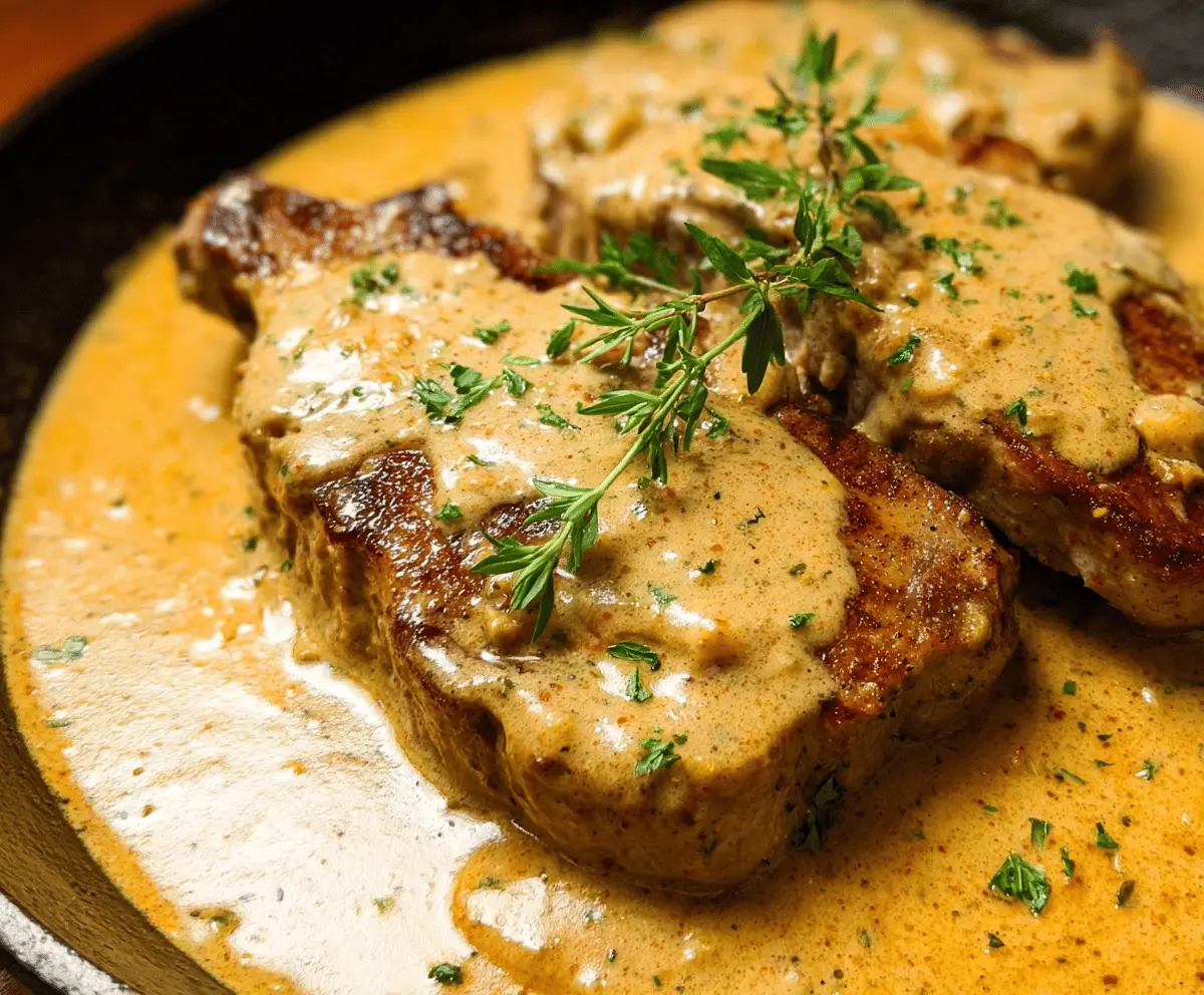 Juicy Cajun pork chops in a creamy sauce served with fresh herbs on a rustic plate, perfect for a flavorful dinner