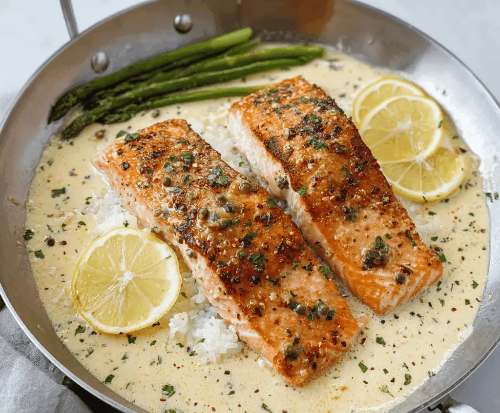 Delicious creamy lemon butter salmon served with fresh herbs on a white plate, showcasing a flavorful, tender seafood dish perfect for a healthy dinner.
