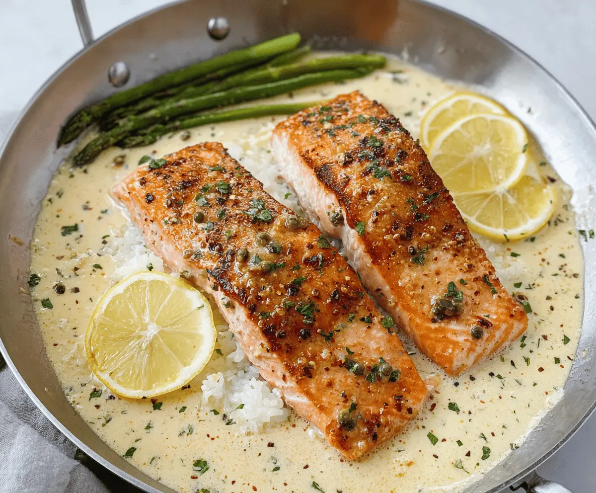 Delicious creamy lemon butter salmon served with fresh herbs on a white plate, showcasing a flavorful, tender seafood dish perfect for a healthy dinner.