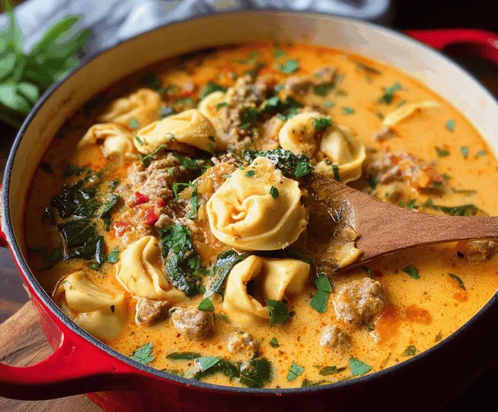 Creamy sausage tortellini soup in a bowl garnished with fresh herbs, showcasing a rich and hearty Italian-inspired meal