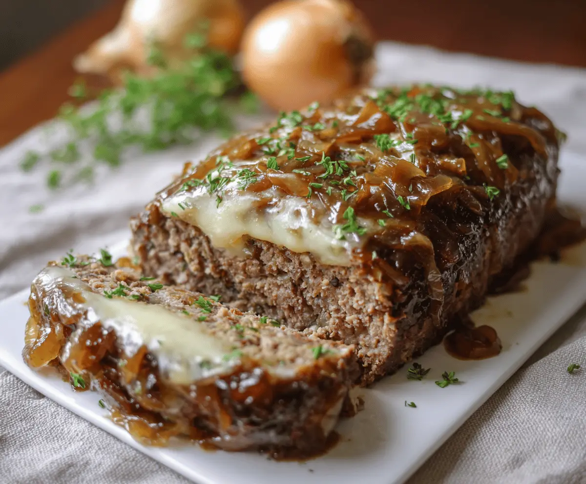 Delicious Crockpot French Onion Meatloaf topped with melted Swiss cheese, served in a rustic setting