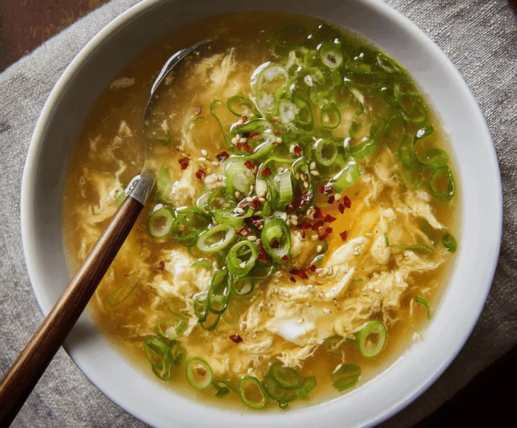 A steaming bowl of egg drop soup with silky egg ribbons, green onions, and savory broth, served in a white ceramic bowl.
