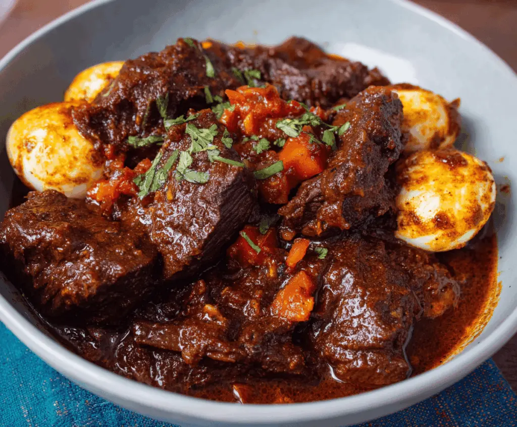 Savory Ethiopian Beef Stew served in a traditional bowl with injera bread on the side, featuring tender beef chunks and flavorful spices.
