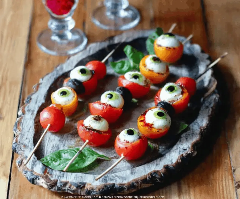 Colorful Eyeball Caprese Skewers with cherry tomatoes, mozzarella balls, basil leaves, and olive eyeball details for a spooky Halloween appetizer.
