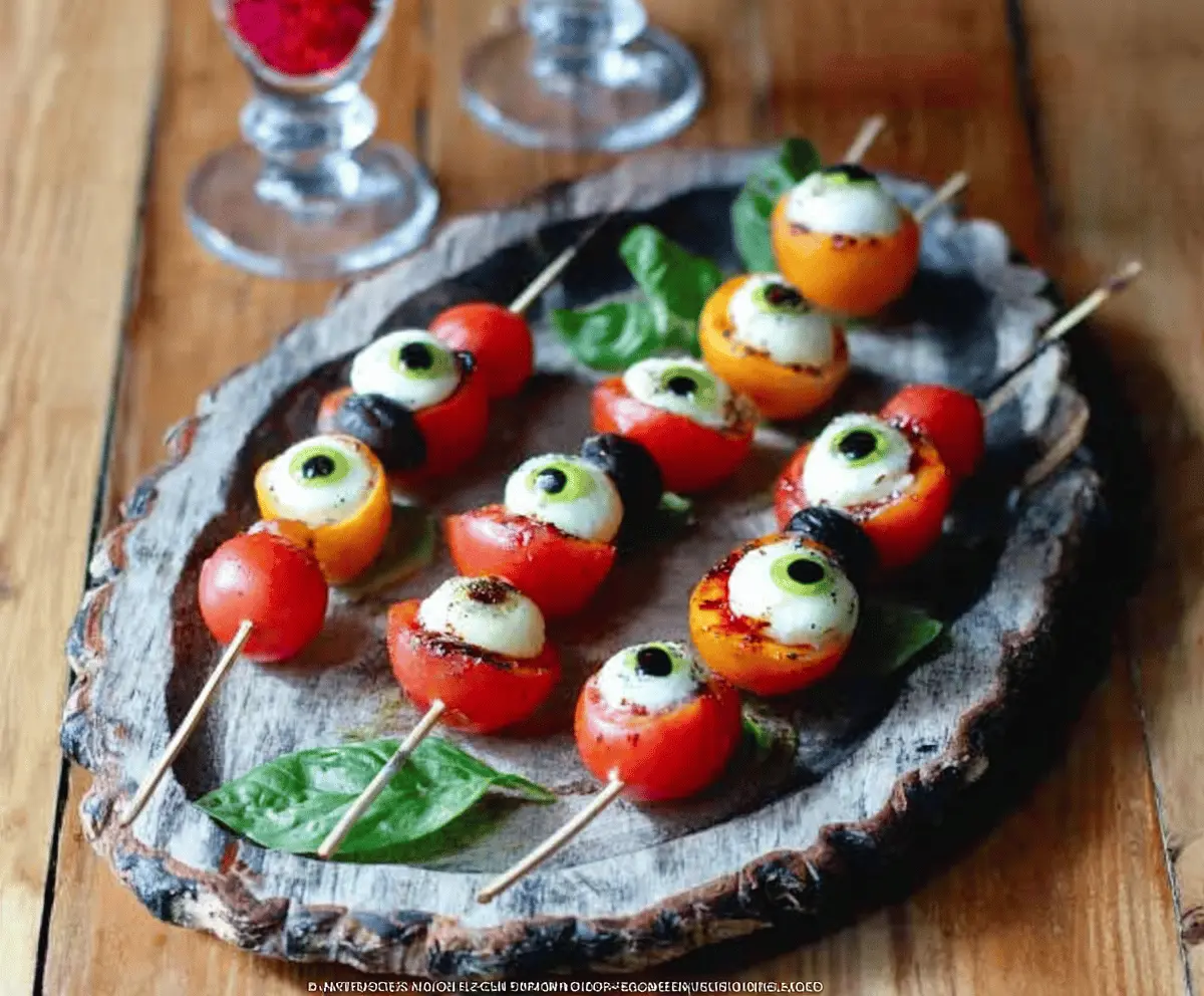 Colorful Eyeball Caprese Skewers with cherry tomatoes, mozzarella balls, basil leaves, and olive eyeball details for a spooky Halloween appetizer.