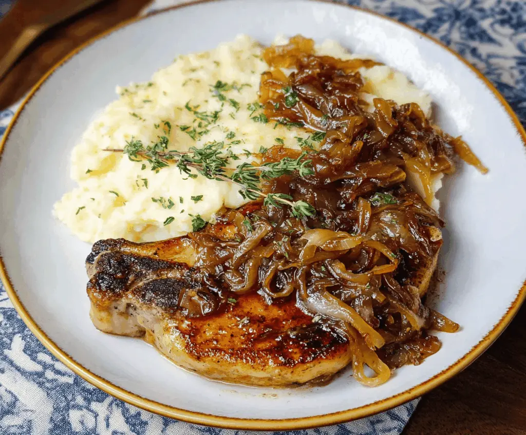 Juicy French Onion Pork Chops topped with caramelized onions and melted cheese served on a plate
